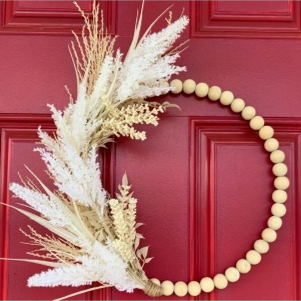Cream Bead Hoop Wreath: Boho Farmhouse Decor, 18" Floral Wreath